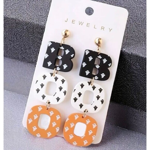 Halloween BOO Dangling Earrings Black Orange and White - Picture 3 of 3